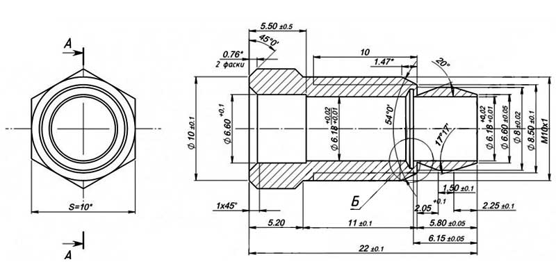 Конструктивная схема гайки пилотной горелки, диаметр 6мм