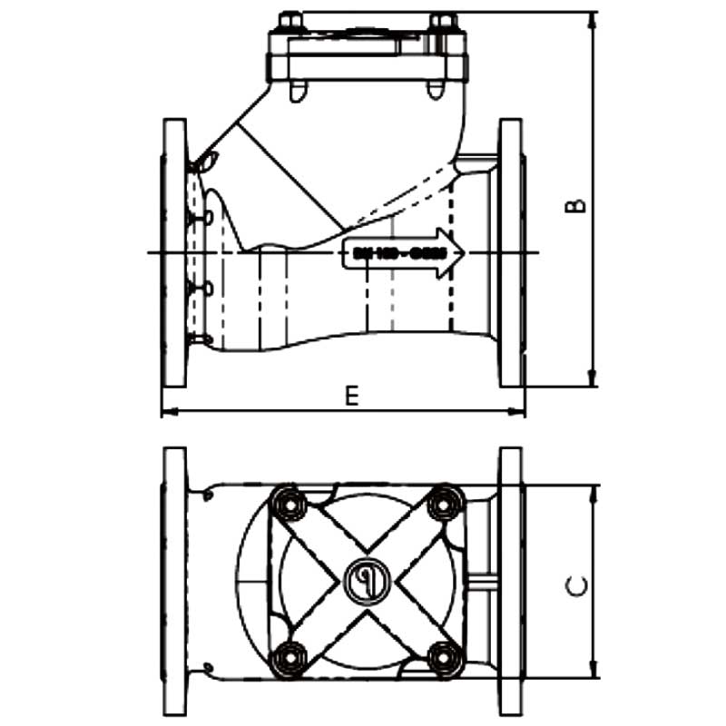 Габаритная схема клапана обратного канализационного фланцевого ZETKAMA 400B